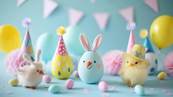 ai généré Pâques vacances concept avec mignonne Fait main œufs, lapin, poussins et fête Chapeaux photo