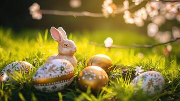 ai généré Haut vue. peint Pâques des œufs et d'or lapin dans le herbe célébrer une content Pâques dans printemps avec une vert herbe prairie, Cerise fleur et sur rustique en bois banc à afficher photo