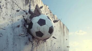 ai généré Football les coups par une ciment mur concept de force photo