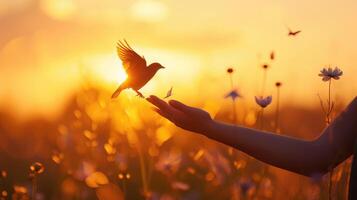 ai généré silhouette de oiseau en volant en dehors de fille enfant main sur magnifique Contexte liberté concept international travail femmes39s journée photo