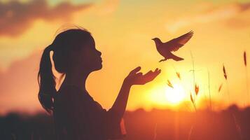 ai généré silhouette de oiseau en volant en dehors de fille enfant main sur magnifique Contexte liberté concept international travail femmes39s journée photo