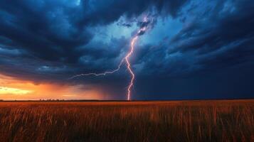 ai généré foudre la grève sur le horizon pendant un électrique orage sur le prairies photo