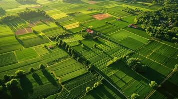 ai généré aérien vue de une rural paysage avec vert des champs et les plantes et agricole ferme terre de Naturel Contexte photo