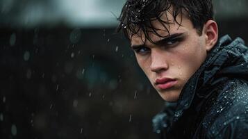 ai généré portrait de Jeune homme dans trempé veste dans lourd pluie. photo