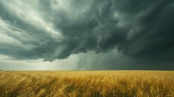 ai généré mouvement de des nuages plus de un agricole champ avec blé. une orage et pluie gris nuage flotteurs à travers le ciel avec une visible pluie groupe. lourd pluie dans le village dans été photo