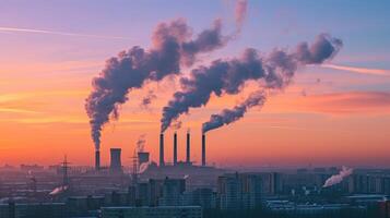 ai généré fumée piles émettant carbone la pollution dans le ciel provoquant climat changement photo