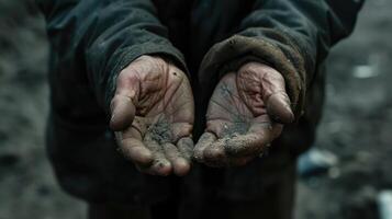 ai généré mains de mendiant mendicité pour argent photo