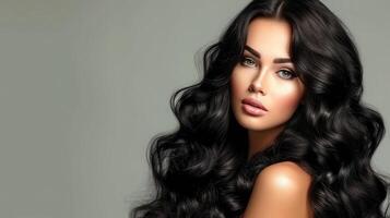 ai généré beauté brunette fille avec longue et brillant ondulé noir cheveux . magnifique femme modèle avec frisé coiffure photo