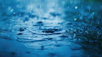 ai généré bleu Couleur Ton de proche en haut pluie l'eau laissez tomber chute à le sol dans pluvieux saison photo