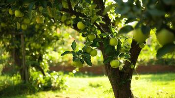ai généré vert chargé de pommes arbre focal indiquer, luxuriant jardin photo