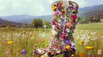 ai généré bottes déposé avec fleurs photo