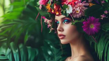 ai généré mode portrait de Jeune magnifique femme avec exotique fleurs dans cheveux photo