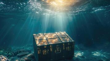 ai généré photo de Trésor poitrine submergé sous-marin avec lumière des rayons