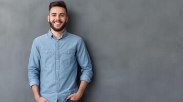 ai généré confiance et affaires concept. portrait de charmant réussi Jeune entrepreneur dans col bleu chemise photo