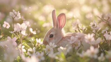 ai généré Pâques enchantement lapin dans une printemps fleur champ photo