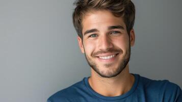 ai généré proche en haut portrait de souriant Beau gars dans bleu T-shirt isolé sur gris Contexte photo