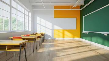 ai généré salle de cours école.intérieur de nettoyer spacieux salle de cours prêt pour Nouveau école an. vide pièce avec blanc des murs, confortable bureaux, chaises, vert tableau noir, tableau blanc. retour à école. photo