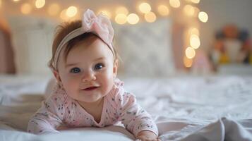 ai généré mignonne adorable bébé fille mensonge sur le lit photo
