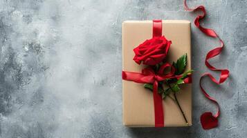 ai généré kraft cadeau boîte avec magnifique rouge ruban et rose, concept de la saint valentin, anniversaire, de la mère journée et anniversaire salutation, espace de copie, Haut voir. photo