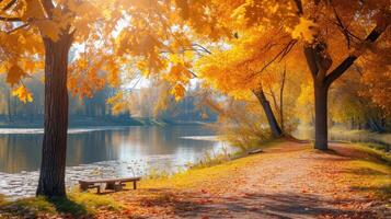 ai généré l'automne scène. brillant coloré paysage Jaune des arbres dans l'automne parc. tomber la nature. photo