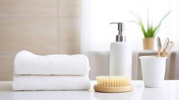 ai généré une baignoire accessoires sur blanc table dans salle de bains. hygiène concept. photo