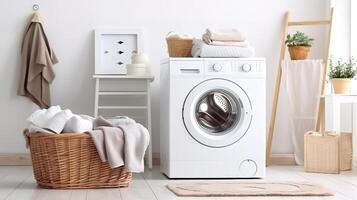 ai généré blanchisserie pièce intérieur avec la lessive machine et panier avec nettoyer les serviettes photo