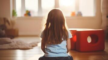 ai généré adorable peu fille séance sur le sol dans le pièce à Accueil photo