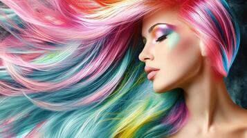 ai généré magnifique femme avec multicolore cheveux et Créatif faire en haut et coiffure. beauté affronter. photo