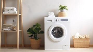 ai généré blanchisserie pièce intérieur avec la lessive machine et panier avec les serviettes. photo