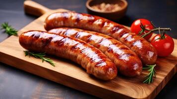 ai généré grillé saucisses sur en bois Coupe planche avec Romarin et tomates photo