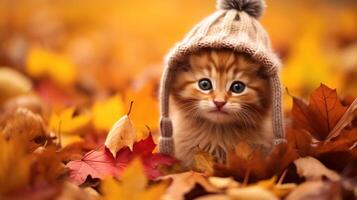ai généré mignonne peu chaton dans tricoté chapeau sur l'automne feuilles Contexte. photo