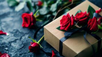 ai généré romantique rouge des roses cadeau boîte pour une sincère la Saint-Valentin journée carte photo