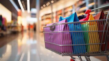 achats Chariot avec coloré Sacs dans le supermarché. flou Contexte photo