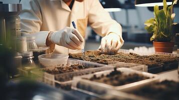 femelle scientifique travail dans une laboratoire. elle est examiner les plantes dans une biotechnologie laboratoire photo