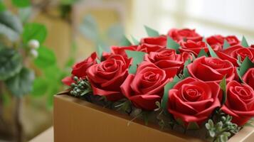 ai généré romantique rouge des roses cadeau boîte pour une sincère la Saint-Valentin journée carte photo