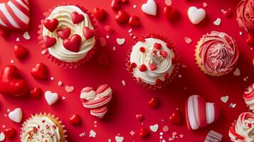 ai généré petit gâteau l'amour sur le thème du cœur traite sur une vibrant rouge toile de fond photo