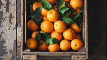 ai généré en bois boîte rempli avec des oranges photo