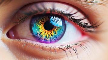 ai généré une fermer image de une Humain œil avec vibrant, multicolore iris motifs et visible cils. le peau Ton alentours le œil ne peux pas être précisément déterminé dû à serré encadrement photo