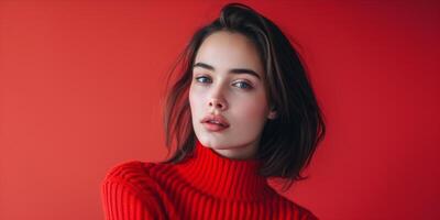 ai généré portrait de une magnifique femme sur rouge Contexte photo