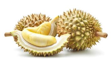 ai généré durian fruit Couper dans moitié isolé sur blanc Contexte. photo
