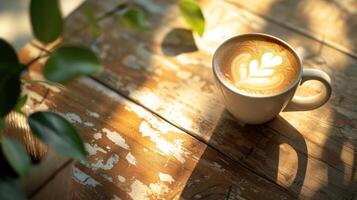 ai généré Haut veiw fermer minimaliste céramique café agresser avec cœur latté art chaud tons où le lumière brille par le feuilles sur le tableau. photo