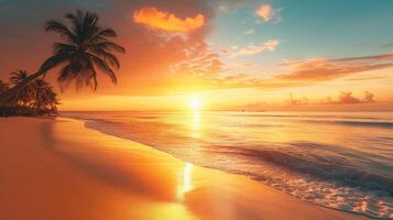 ai généré île paume arbre mer le sable plage. panoramique plage paysage. inspirer tropical plage paysage marin horizon. Orange et d'or le coucher du soleil ciel calme tranquille relaxant été ambiance photo