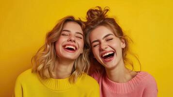 ai généré sincère Humain émotions concept. positif fou de joie Jeune femmes avoir amusement rire avec plaisir sourire à pleines dents ne peux pas Arrêtez en riant supporter étroitement photo