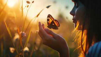 ai généré le fille libère le papillon de moment concept de liberté photo