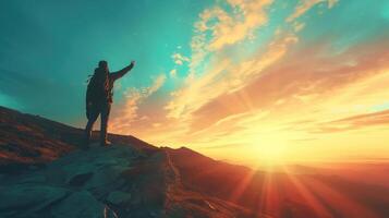 ai généré copie espace de homme monter main en haut sur Haut de Montagne et le coucher du soleil ciel abstrait Contexte. liberté et Voyage aventure concept photo