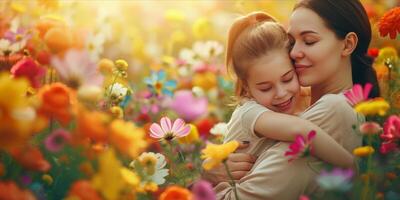 ai généré content mère et fille profiter qualité temps ensemble. joyeux maman embrassement sa fille entouré par fleurs. réconfortant et émotionnellement résonnant pour de la mère journée photo