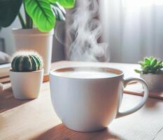 ai généré pièce avec une calme atmosphère, avec argile des pots mis dans de face rideaux location dans Naturel lumière. verre bouteilles, café, et divers objets sur une marbre table photo