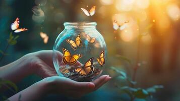 ai généré femme donne liberté à certains papillons enfermé dans une verre vase photo