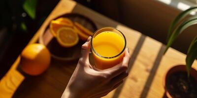 ai généré une femme main en portant une verre de Orange jus premier la personne voir. fraîchement Orange jus riches dans vitamine c pour en bonne santé la vie photo