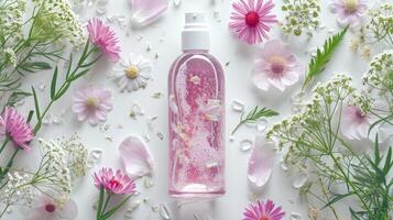 ai généré produits de beauté - beauté produit maquette avec Vide bouteille avec rose liquide savon ou douche gel sur une blanc surface entouré par différent délicat fleur pétales photo